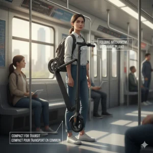 Illustration of a comfortable electric scooter folded for easy carrying on Canadian public transit like the TTC, STM, or TransLink.