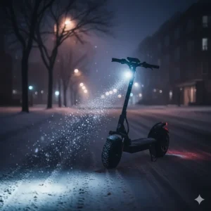 Illustration showing the powerful LED headlight system of a winter electric scooter for visibility during dark Canadian winter evenings.