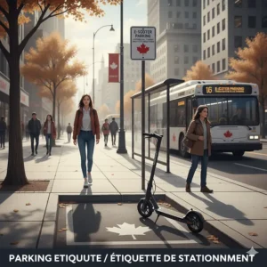 Illustration of a scooter neatly parked in a designated municipal furniture zone to avoid obstructing Canadian public transit stops.