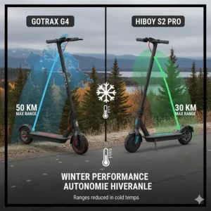 Battery range comparison of Gotrax vs Hiboy electric scooters for Canadian commuters in varying weather.