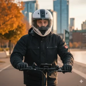 A rider wearing a certified safety helmet and gear for high-speed 50 km/h electric scooter travel in Canada; équipement de sécurité pour trottinette électrique.