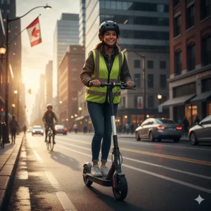 Canadian rider wearing a helmet and reflective gear while operating a portable electric scooter on a city street.