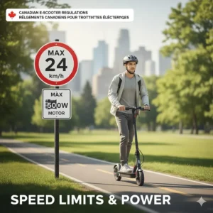 A digital graphic showing a 24 km/h speed limit sign and 500W motor cap common in Canadian e-scooter pilot programs.