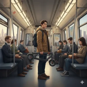 Illustration of a folded electric scooter being carried onto a Canadian public transit train during a daily commute.