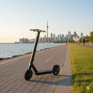 Illustration of an urban electric scooter parked along the Martin Goodman Trail with Lake Ontario and the CN Tower in view.