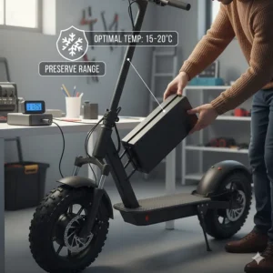 Illustration showing how to maintain a winter electric scooter battery in cold temperatures to prevent range loss.