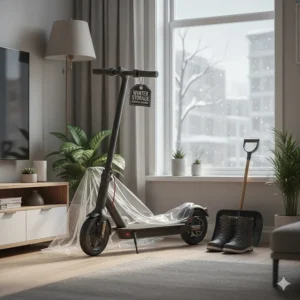 Illustration showing a compact portable electric scooter folded for winter storage in a Canadian apartment.