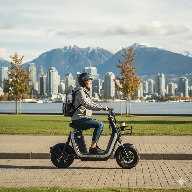 A premium electric scooter with seat being ridden past a Canadian city skyline, perfect for urban commuting in Canada.