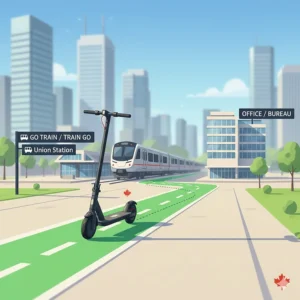 An illustration of a long range electric scooter plugged into a standard Canadian outlet with a fast-charging indicator visible.