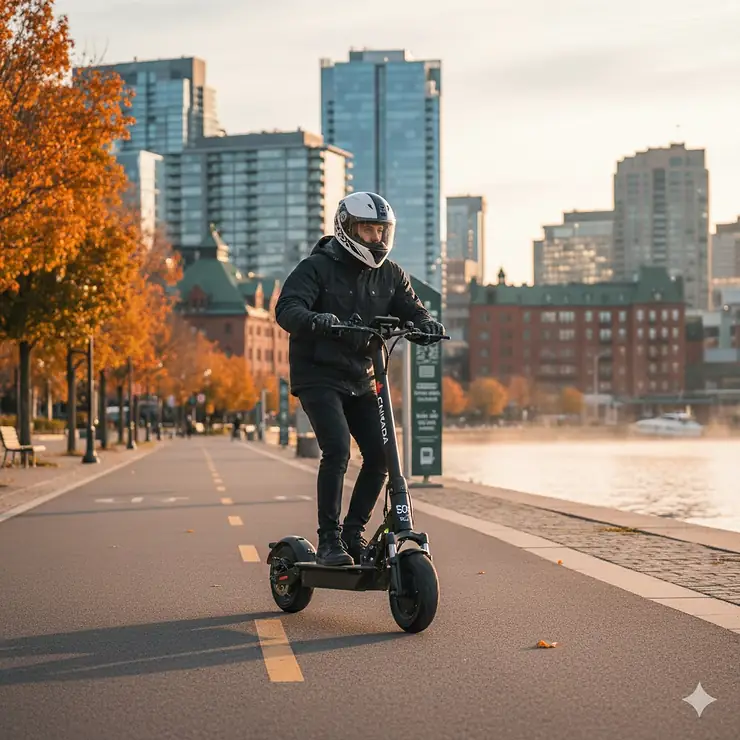 A high-performance electric scooter with a top speed of 50 km/h being ridden on a paved Canadian urban trail; trottinette électrique rapide 50 km/h au Canada.