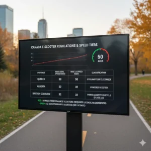 Infographic comparing the fastest electric scooter 50 km/h models against Canadian provincial speed regulations and power limits.