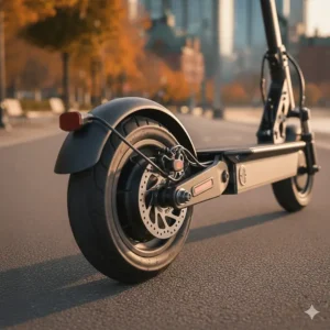 Advanced hydraulic disc brakes on a high-speed e-scooter, ensuring safe stopping power at 50 km/h on Canadian streets.