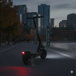 Bright LED headlight and taillight system on a fast electric scooter for safe night riding in Canadian cities; éclairage LED pour trottinette.