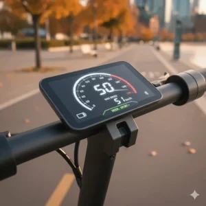 Digital speedometer on a fast electric scooter reaching 50 km/h, showcasing high-performance acceleration for Canadian riders.