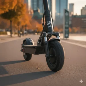 Dual hydraulic suspension system on a 50 km/h electric scooter designed to handle bumpy Canadian roads and diverse terrains.