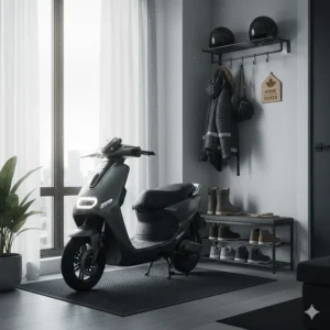 Illustration of a space-saving, foldable smart electric scooter stored in a compact Canadian apartment, highlighting portability for urban living.