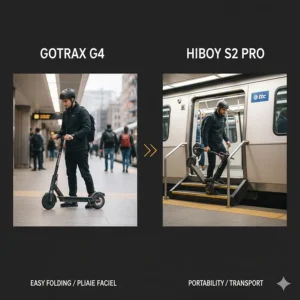 Folded Hiboy electric scooter being carried onto Canadian public transit for multimodal commuting.