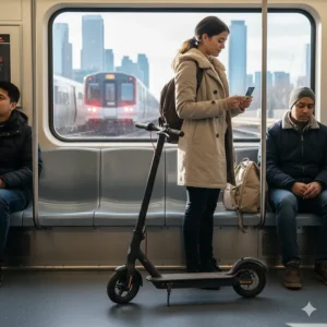 Illustration showing an electric scooter folded for easy transport on the Toronto TTC subway or GO Train.