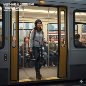 A foldable electric scooter with seat being carried onto a Canadian subway train or bus for multi-modal commuting.