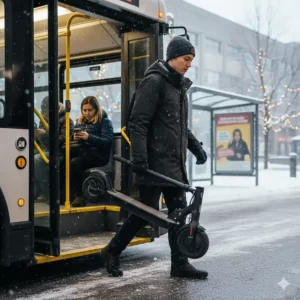 A commuter carrying a folded winter electric scooter onto a Canadian public transit bus in winter.