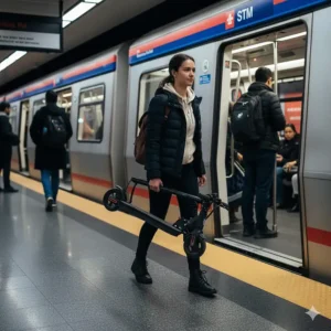 A commuter carrying a folded high speed electric scooter while boarding a Montreal STM metro train.