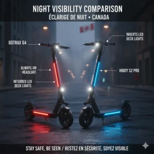 LED headlight and deck lighting on Gotrax and Hiboy scooters for visibility during dark Canadian winter commutes.