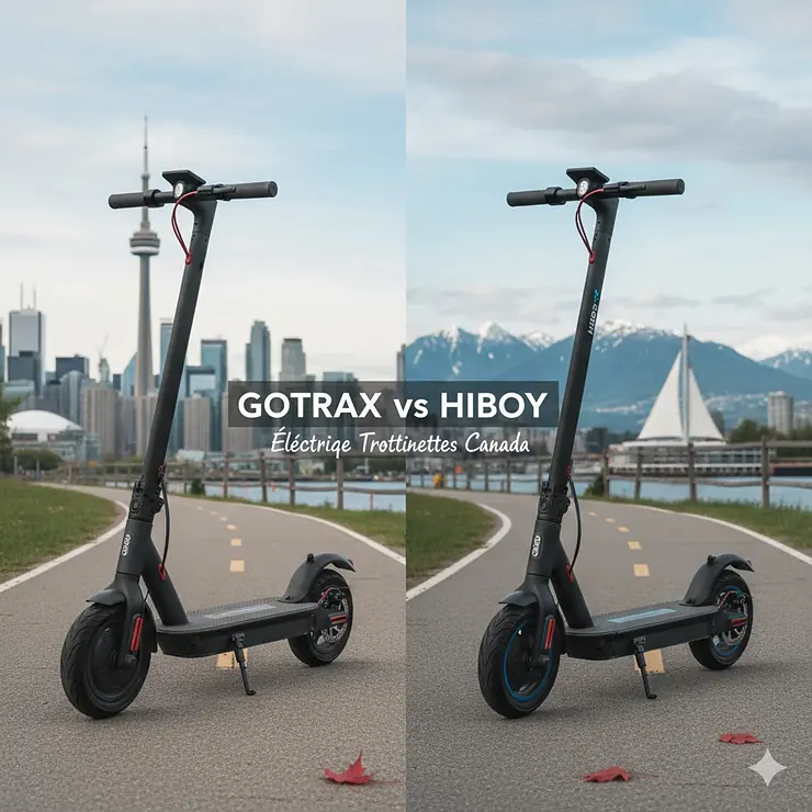 Comparison of Gotrax vs Hiboy electric scooters on a Canadian urban bike path with a city skyline view. Comparaison de trottinettes électriques au Canada.