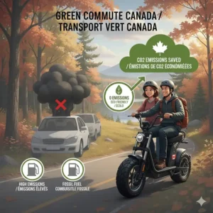 A stylized graphic showing the carbon footprint savings of using an electric scooter with seat in Canada.