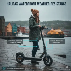 Illustration of a rider parked by the Halifax waterfront, highlighting the scooter’s rust-resistant frame and waterproof components.