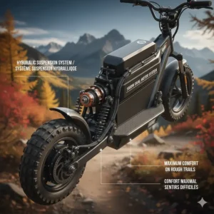 Diagram showing hydraulic shock absorption on an off-road electric scooter for comfortable trail riding.