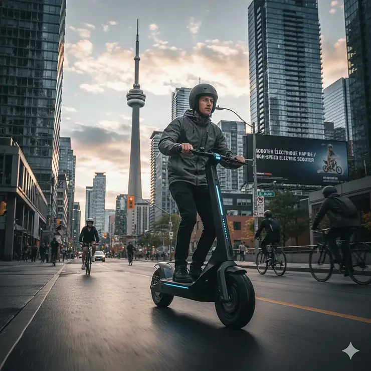 A rider on a high speed electric scooter navigating a dedicated bike lane in downtown Toronto with city skyscrapers and the CN Tower in the background.