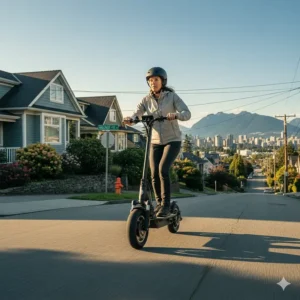 A powerful high speed electric scooter effortlessly climbing a steep residential hill with the Vancouver skyline in the distance.