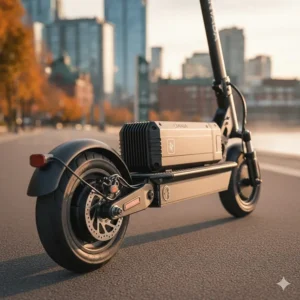 Close-up illustration of a powerful 1000W brushless motor and battery system enabling the fastest electric scooter speeds of 50 km/h.