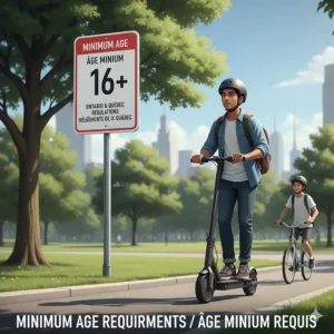 An infographic displaying the minimum age requirements (16+) for operating electric scooters under Ontario and Quebec regulations.