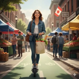 A person using a standing electric scooter to visit a local Canadian farmers' market with a backpack.