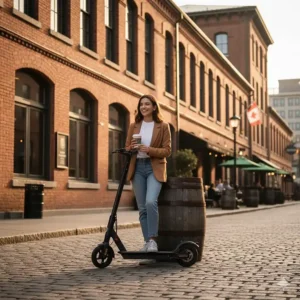 A trendy rider stopping for coffee in Toronto’s historic Distillery District with a compact urban electric scooter.