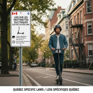 Illustration of e-scooter rules in Quebec, featuring bilingual English and French signage for Lois sur les trottinettes électriques.