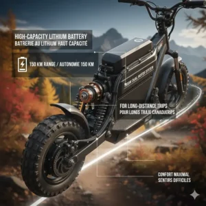 Infographic highlighting a high-capacity lithium battery for long-distance off-road electric scooter trips.