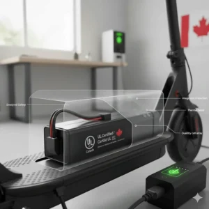 A stylized illustration of a premium long range electric scooter featuring subtle maple leaf branding for the Canadian market.