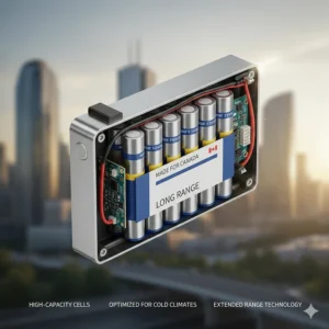 Technical illustration of a high-capacity battery for a portable electric scooter suitable for long Canadian commutes.
