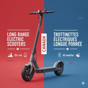 Infographic about long range electric scooter Canada (trottinette électrique longue portée) featuring English and French text.