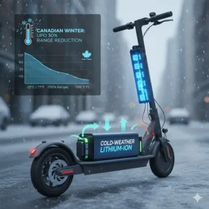 A technical diagram showing cold-weather battery performance for a standing electric scooter in Canada.