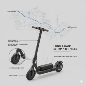 Technical diagram of a high-capacity battery showing range capability from Scarborough to Etobicoke across the GTA.