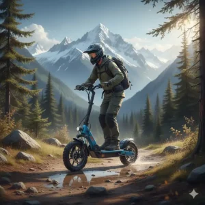 A rugged standing electric scooter with dual motors navigating a scenic Canadian park trail in British Columbia.