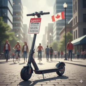 Portable electric scooter Canada with English and French (trottinette électrique) safety signage.