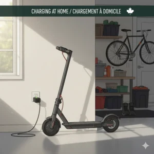 A minimalist drawing of a folding budget e-scooter being carried into a compact Montreal-style apartment.