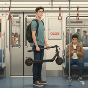 A lightweight standing electric scooter folded for easy transport on Canadian public transit like the TTC or STM.