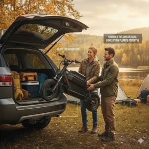 A compact, folded off-road electric scooter being placed in the trunk of an SUV for a weekend camping trip.