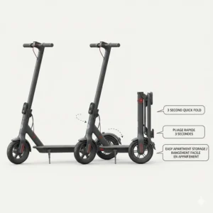 Diagram showing the 3-second quick fold electric scooter mechanism for easy storage in small apartments.