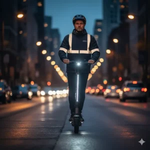 Rider using a smart electric scooter with high-visibility LED safety lights on a Canadian street at dusk, emphasizing night-time commuting safety.